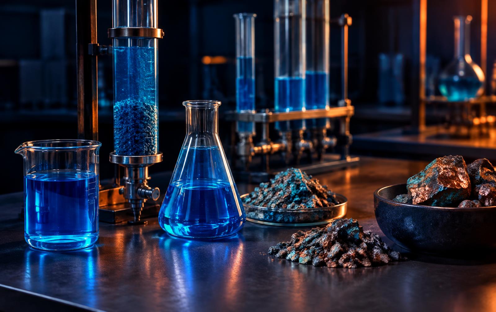 Laboratory bench with copper sulfate solution and crushed ore samples